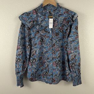 Ann Taylor Loft Womens M Bouquet Ruffle Yoke Long Sleeve Blouse Cottage Prairie